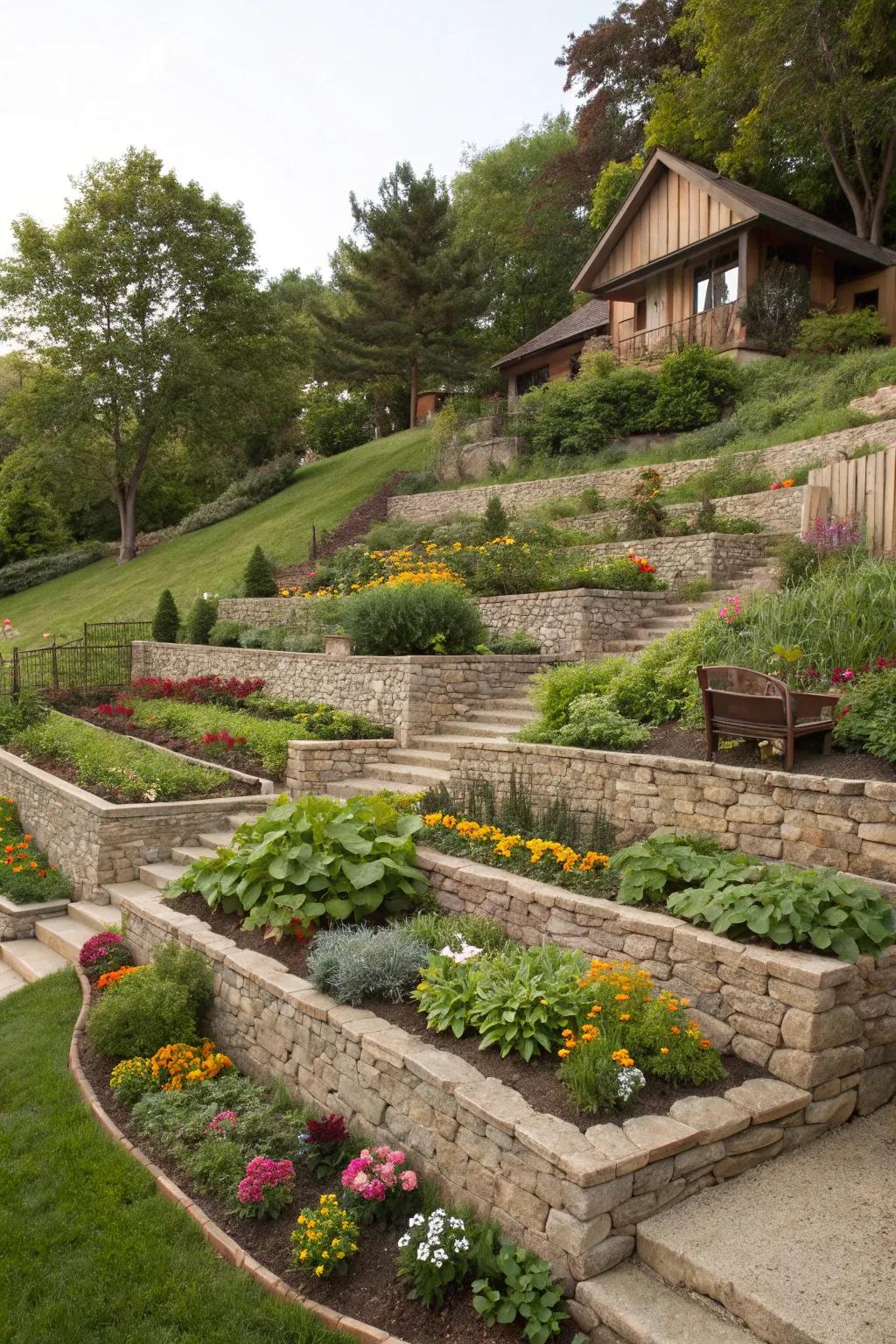 Tiered gardens ensure a sloping yard is not only visually stunning but also highly functional.