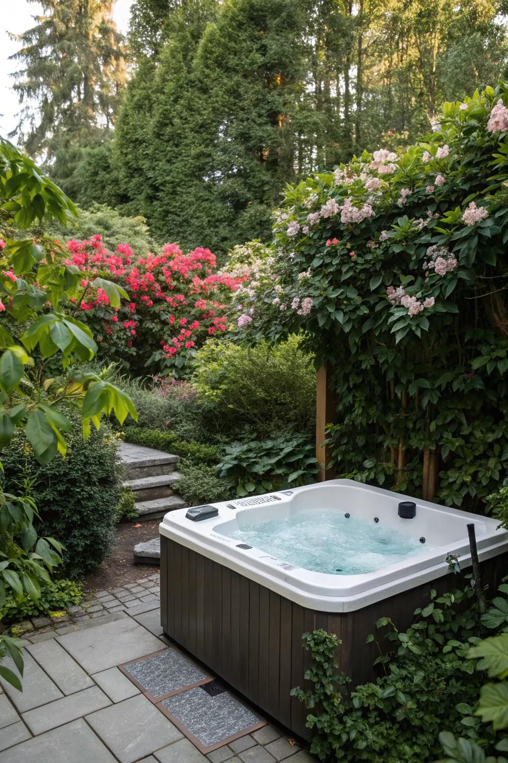 A hot tub nestled among lush foliage offers a natural escape.