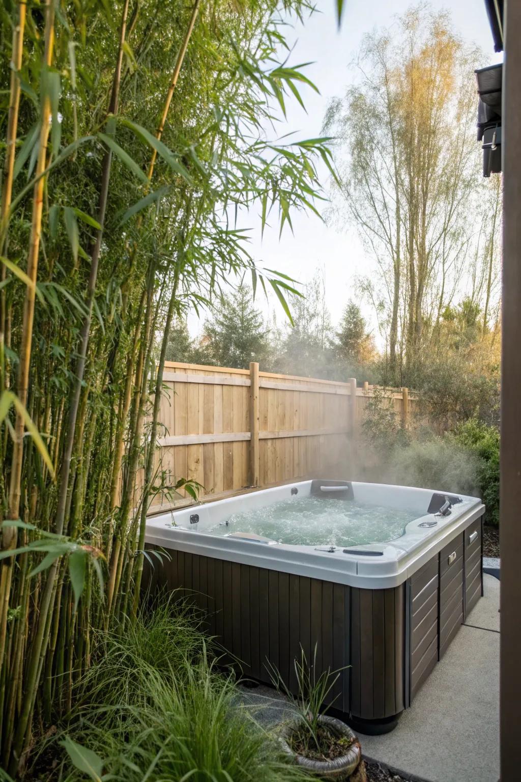 Bamboo plants create a natural privacy barrier around this comforting spa.