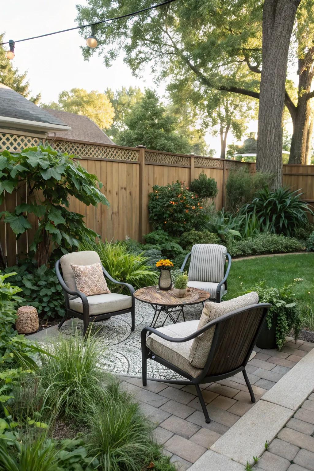 A comfortable seating area is enhanced by lush vegetation.