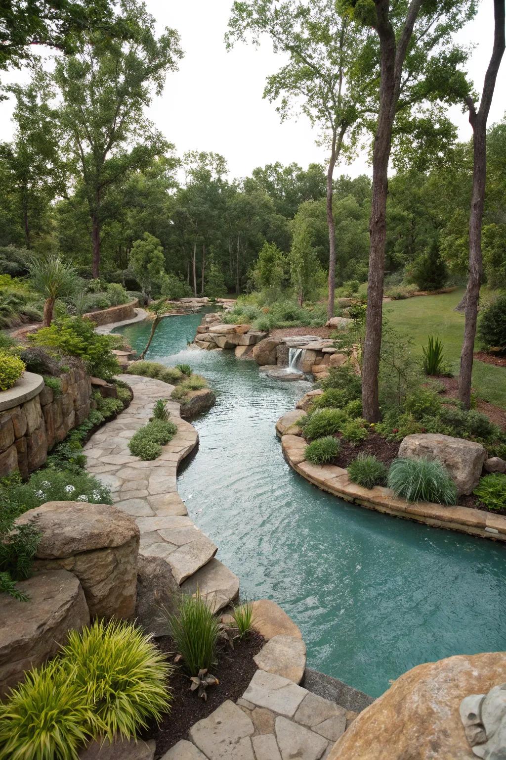 A lazy river pool harmoniously blended with its natural setting.