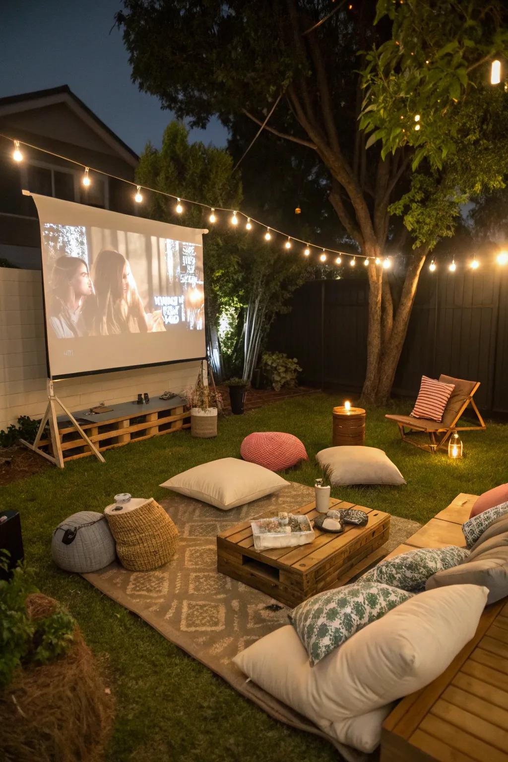 Blend different seating styles for peak relaxation during your outdoor movie experience.