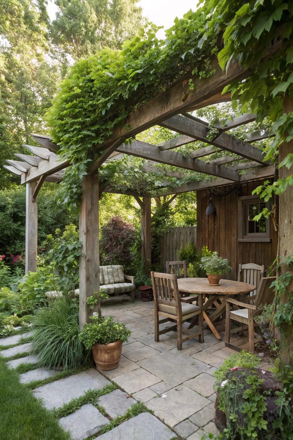 A quaint pergola crafted from repurposed wood, providing shade and enhancing the style of the patio.