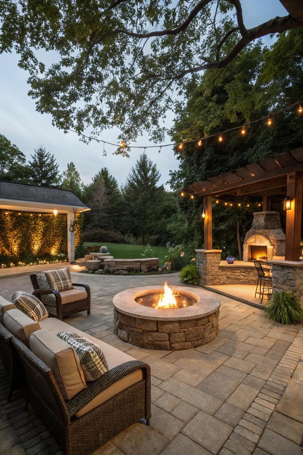 Design a welcoming gathering spot with an inviting fire pit area.