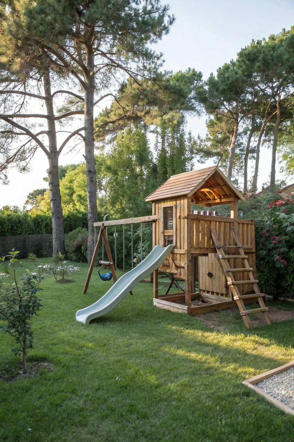 A wooden playset featuring a slide, offering endless entertainment