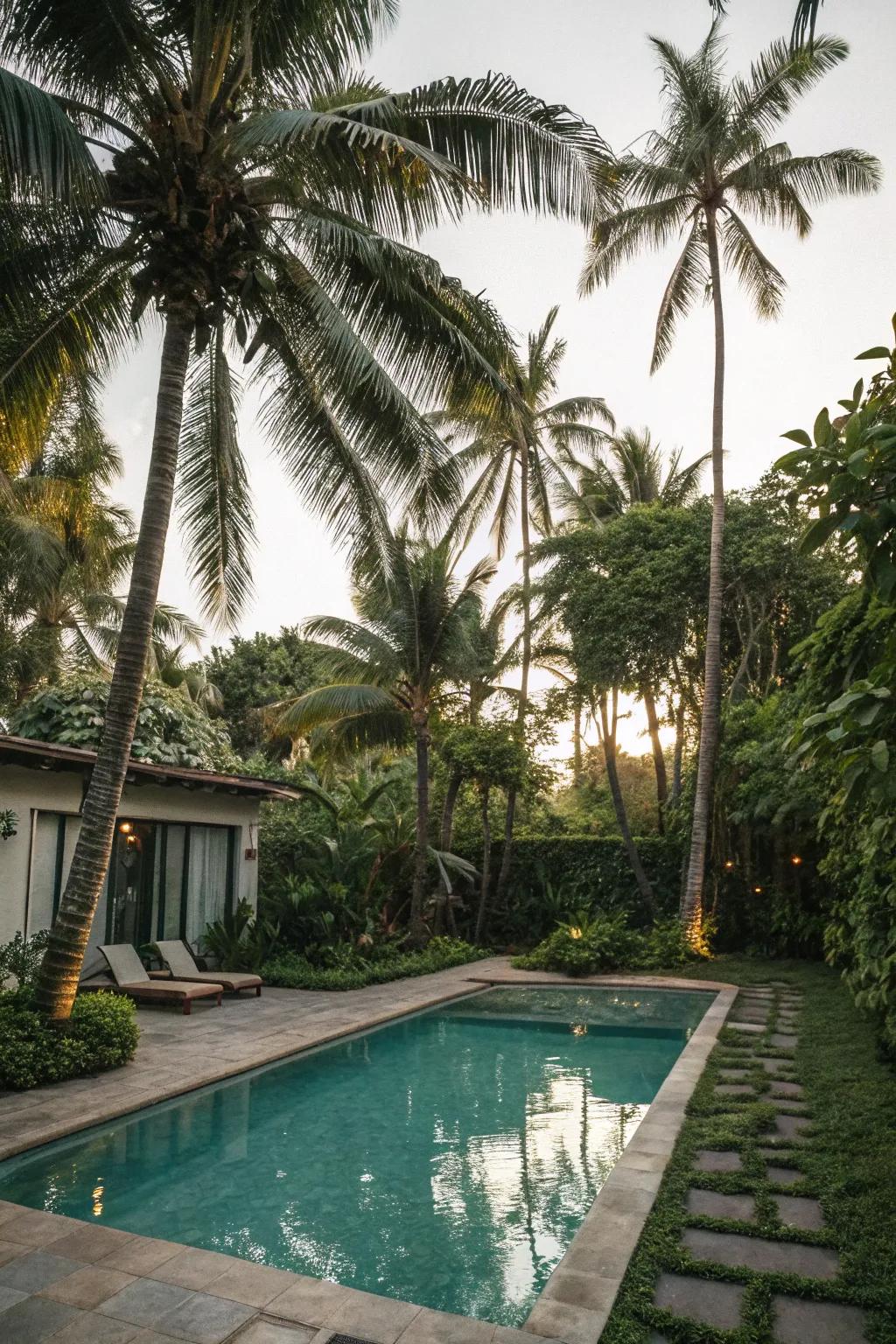 Lofty palms establish a tropical setting around this alluring pool.