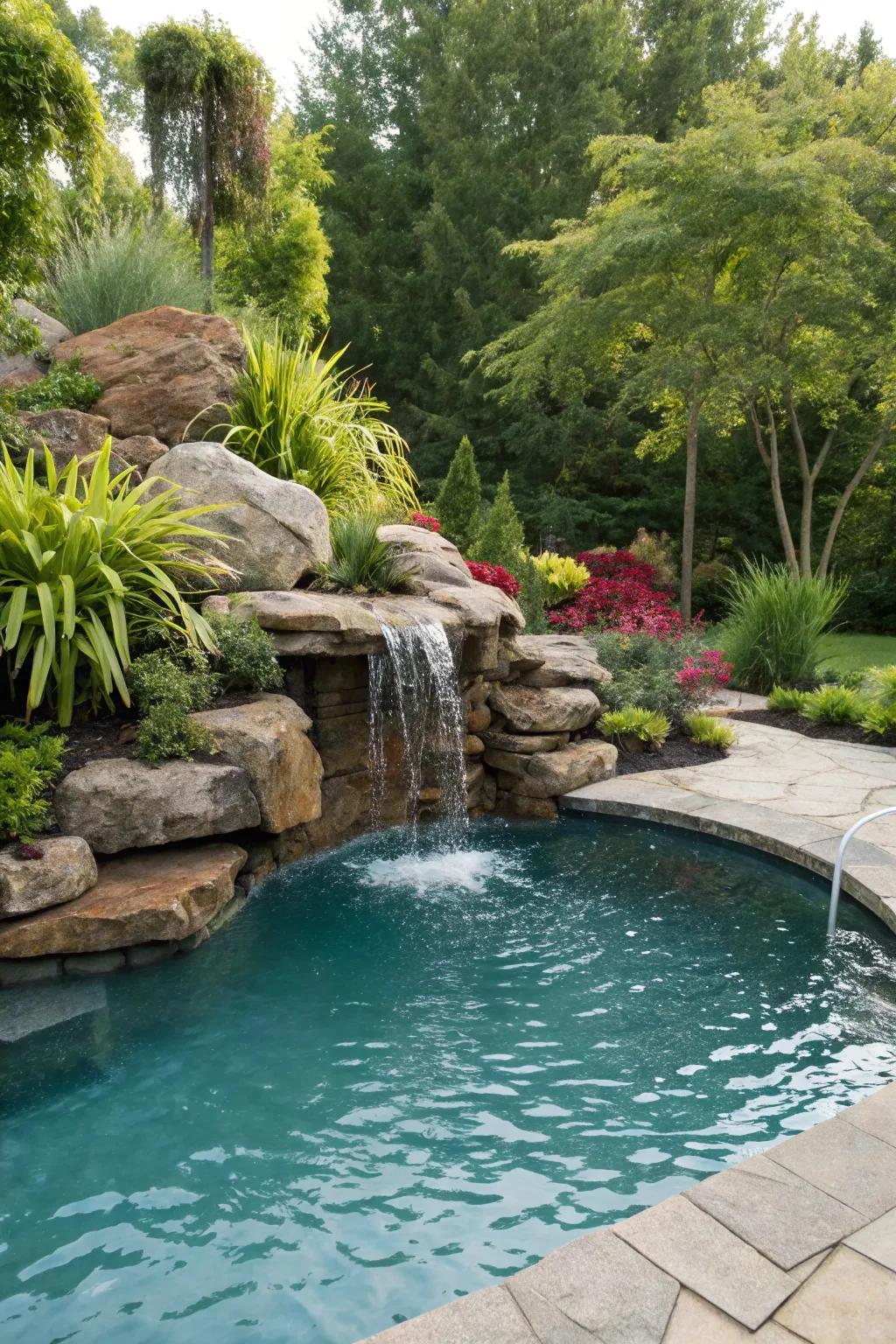 A natural rock waterfall brings an organic feel to your backyard pool.
