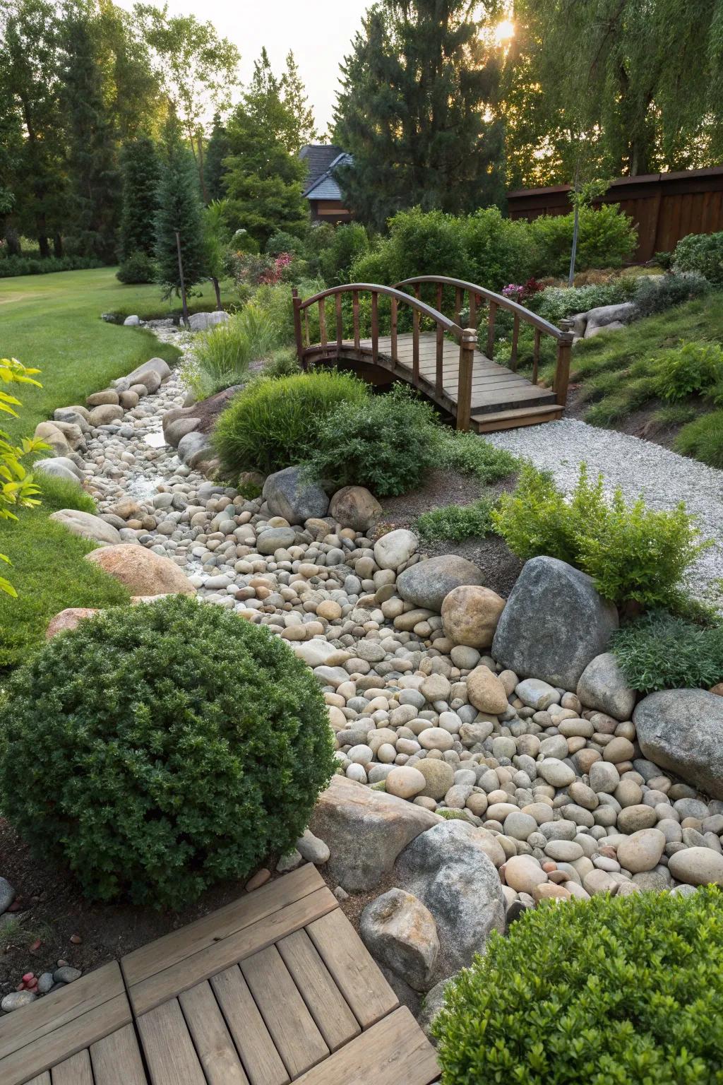 A dry river bed offers both beauty and valuable functionality to your garden space.
