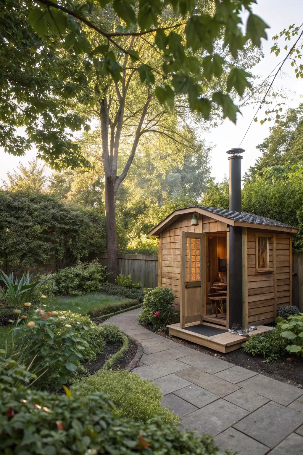 A natural hideaway sauna embraced by greenery.