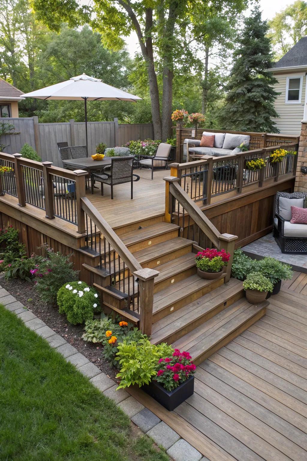 A multi-level deck brings dimension and charm to any compact backyard.
