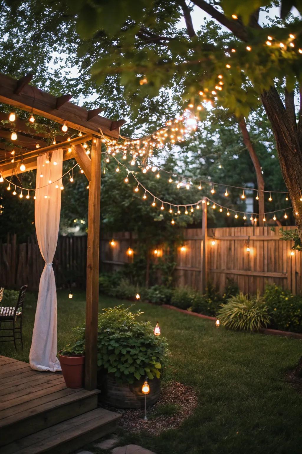 Twinkling lights beautifully arranged across a backyard setting.