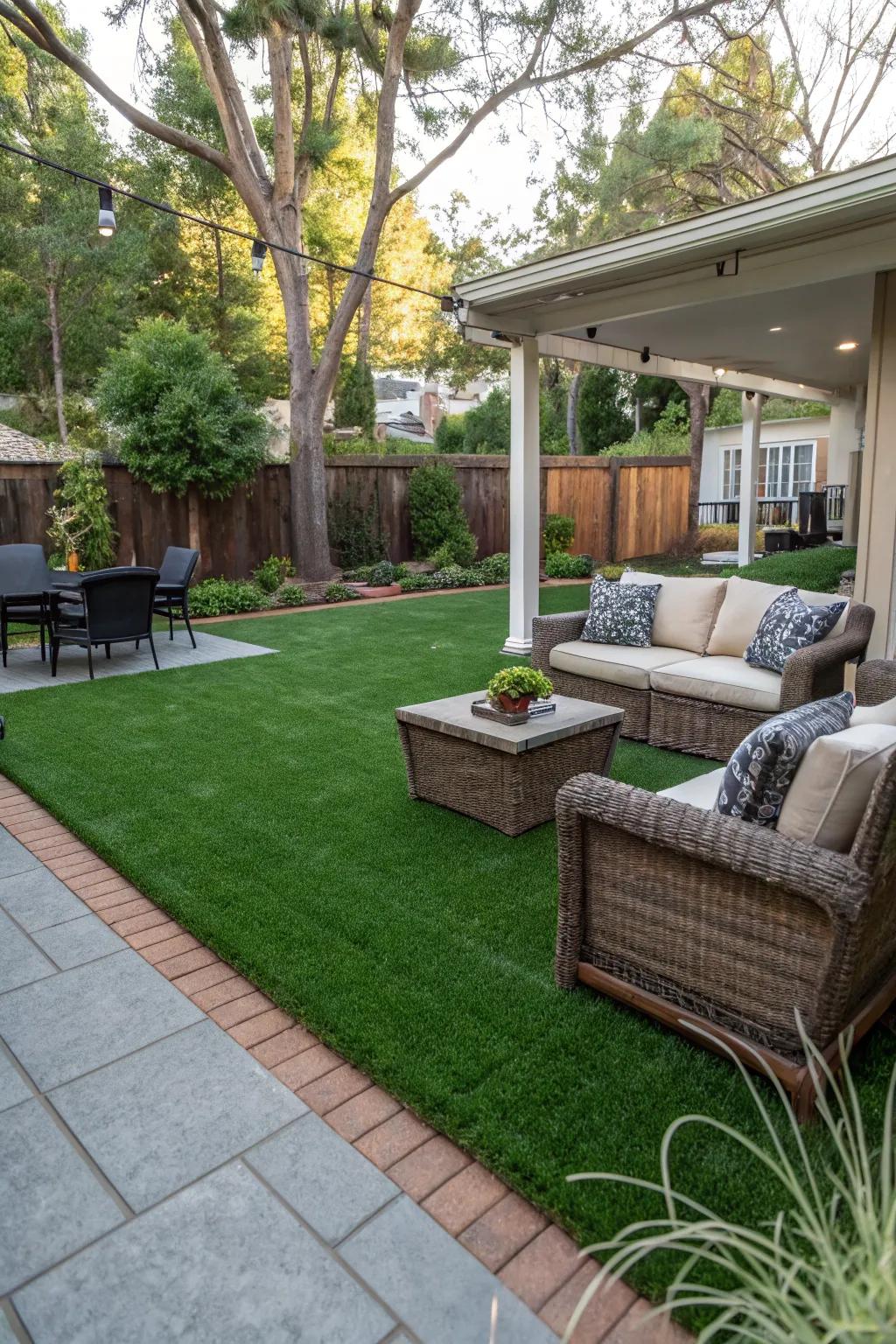 A patio that blends seamlessly with vibrant artificial turf.