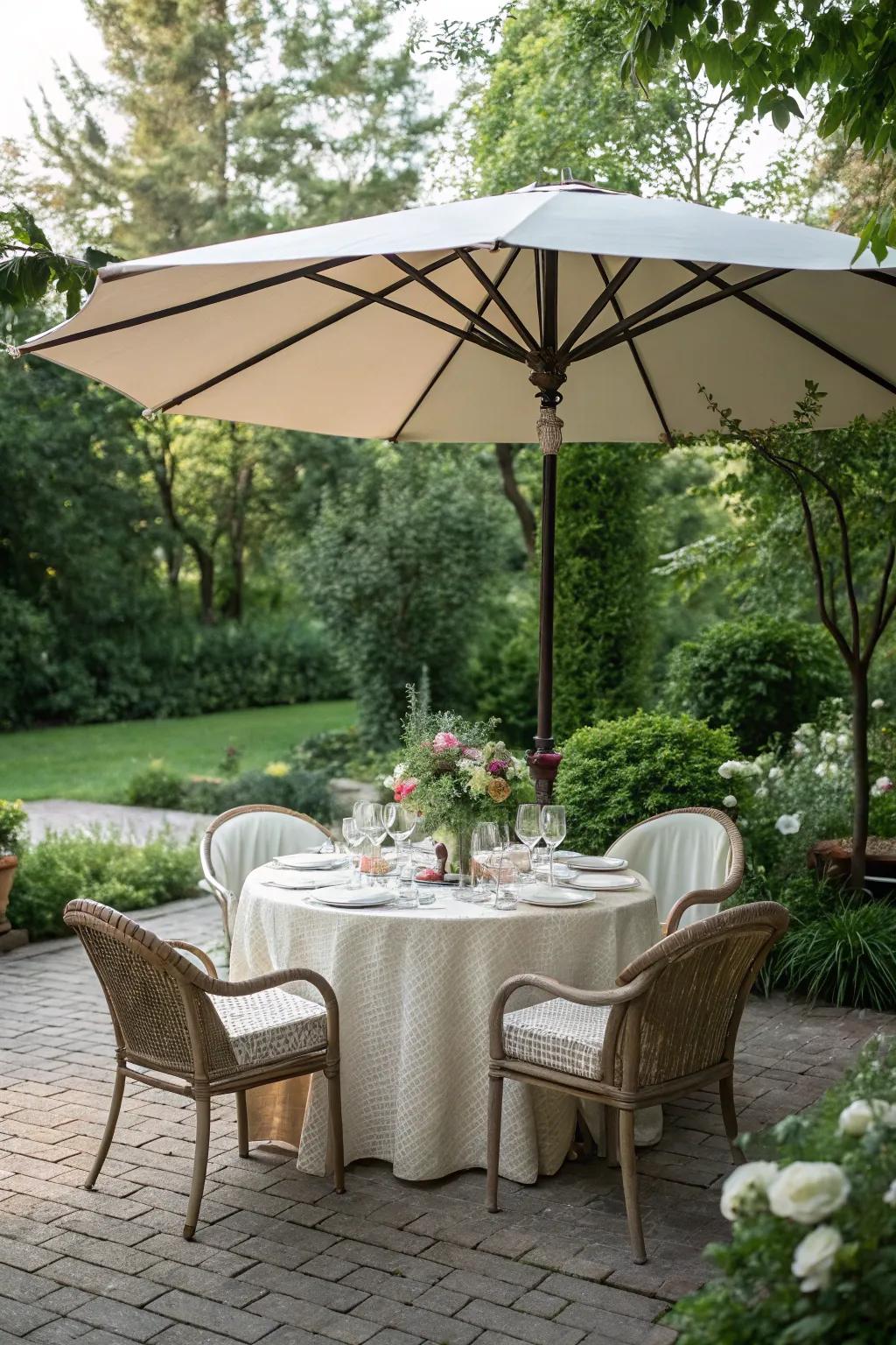 An elegant outdoor dining setup shaded by a patio umbrella.