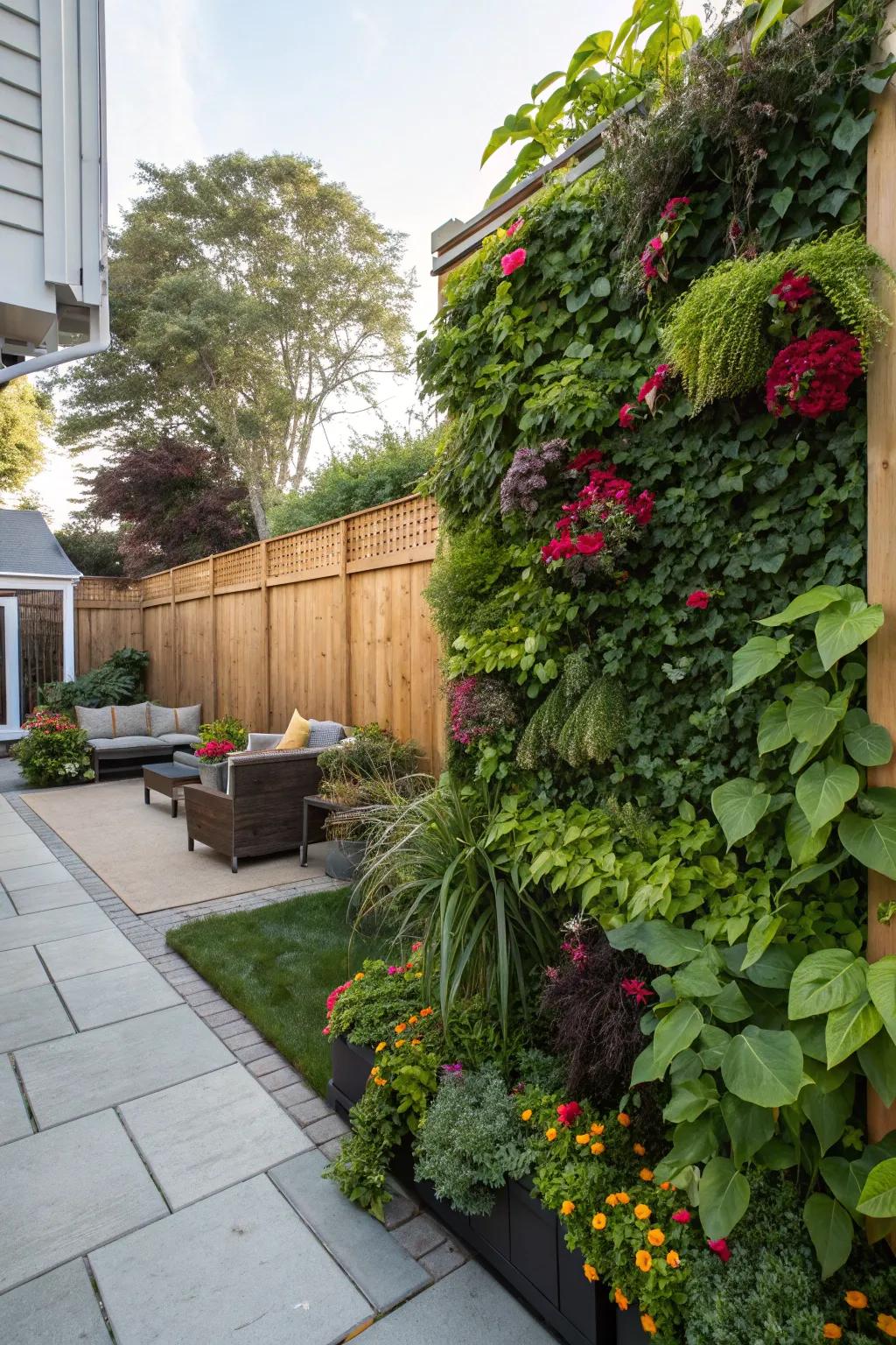 A verdant wall infuses vitality into any backyard setting.