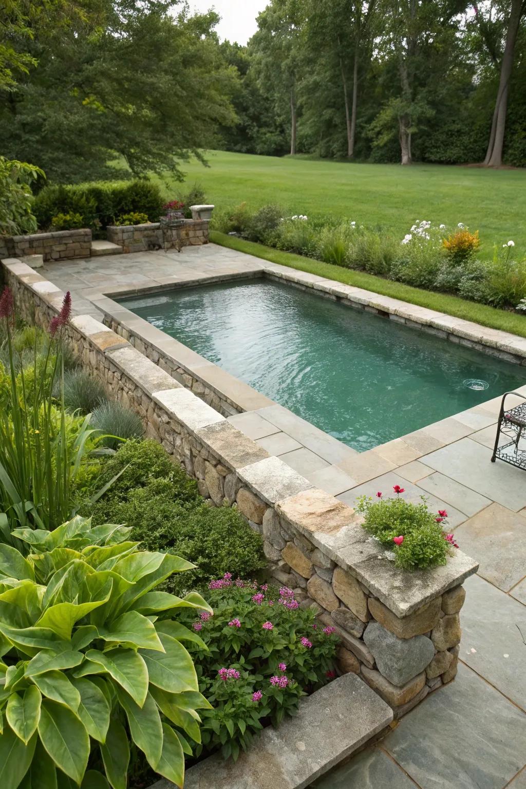A stone-clad pool introduces countryside elegance to your backyard.