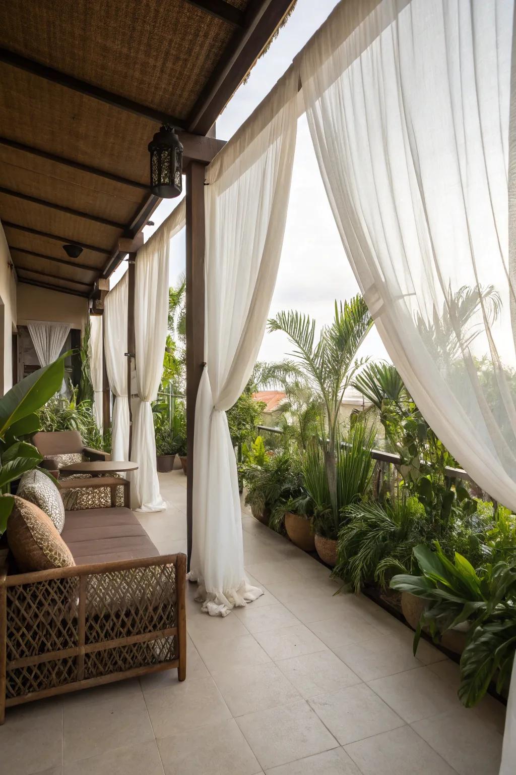 Achieve a serene ambiance with light fabric drapes.