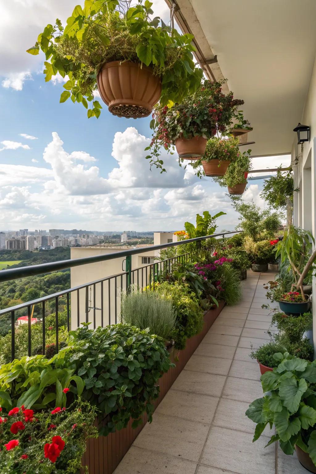 Transform your balcony into a verdant sanctuary with a diverse collection of potted and hanging plants.