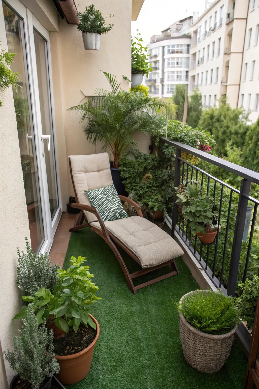 Soft and welcoming, artificial turf brings a touch of nature to your balcony without any upkeep.