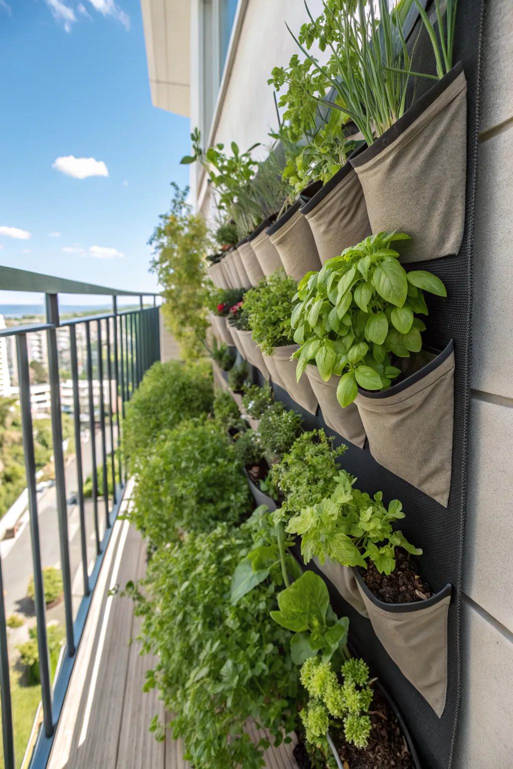 An upright herb garden utilizes space efficiently while incorporating greenery onto your balcony.