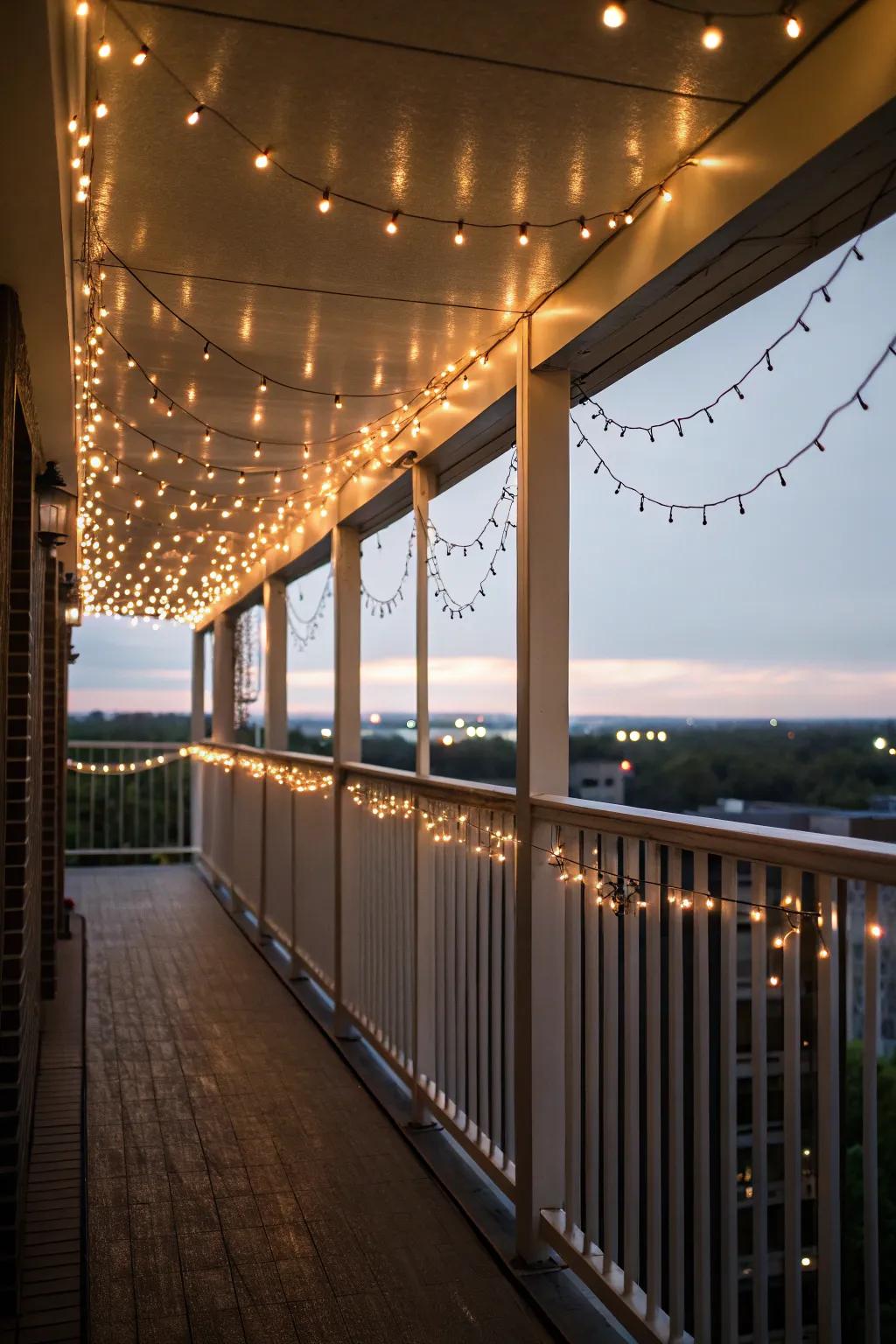 String lights craft a welcoming, toasty feel on any balcony.