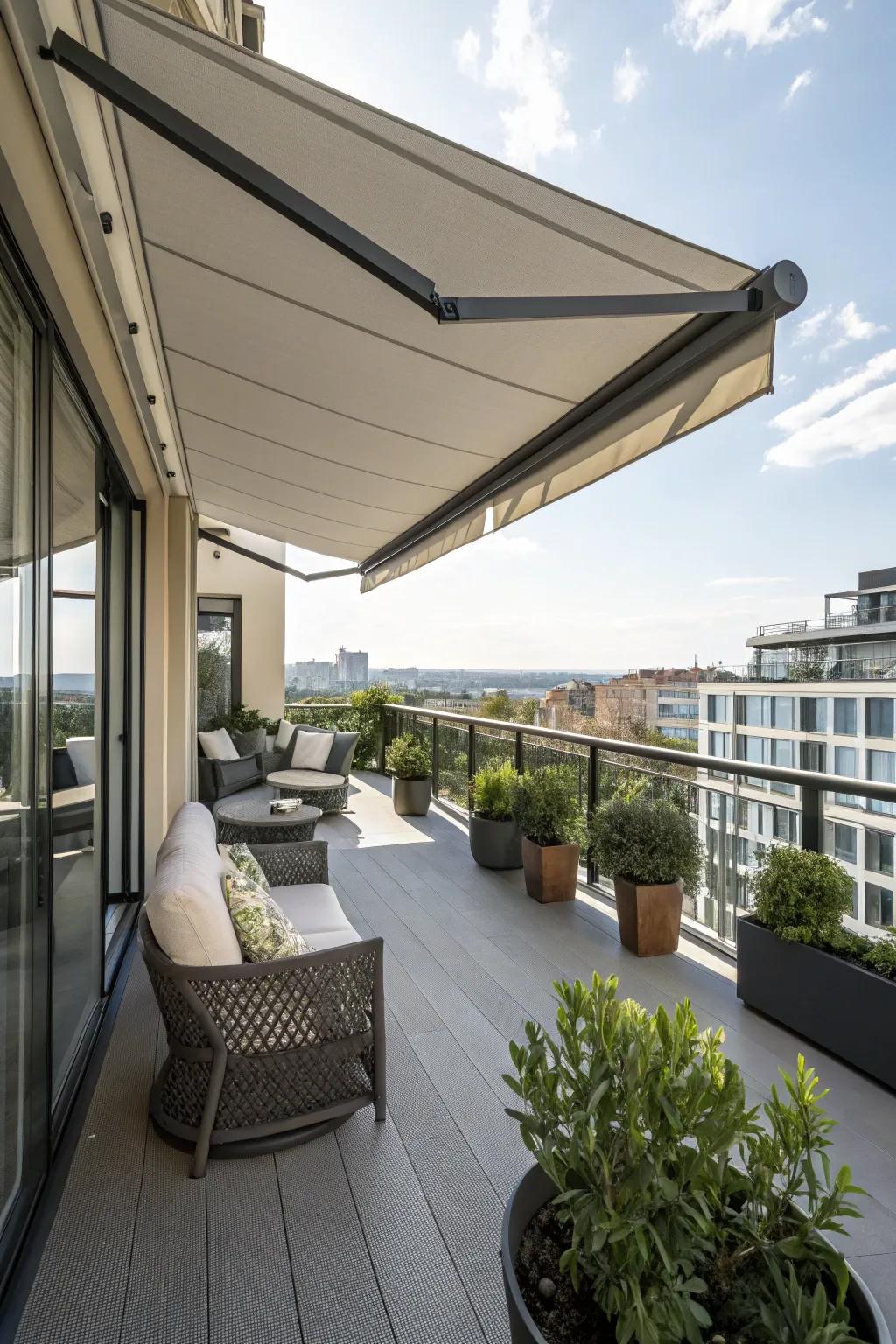 A stylish retractable awning providing a shaded spot on a charming balcony seating area.