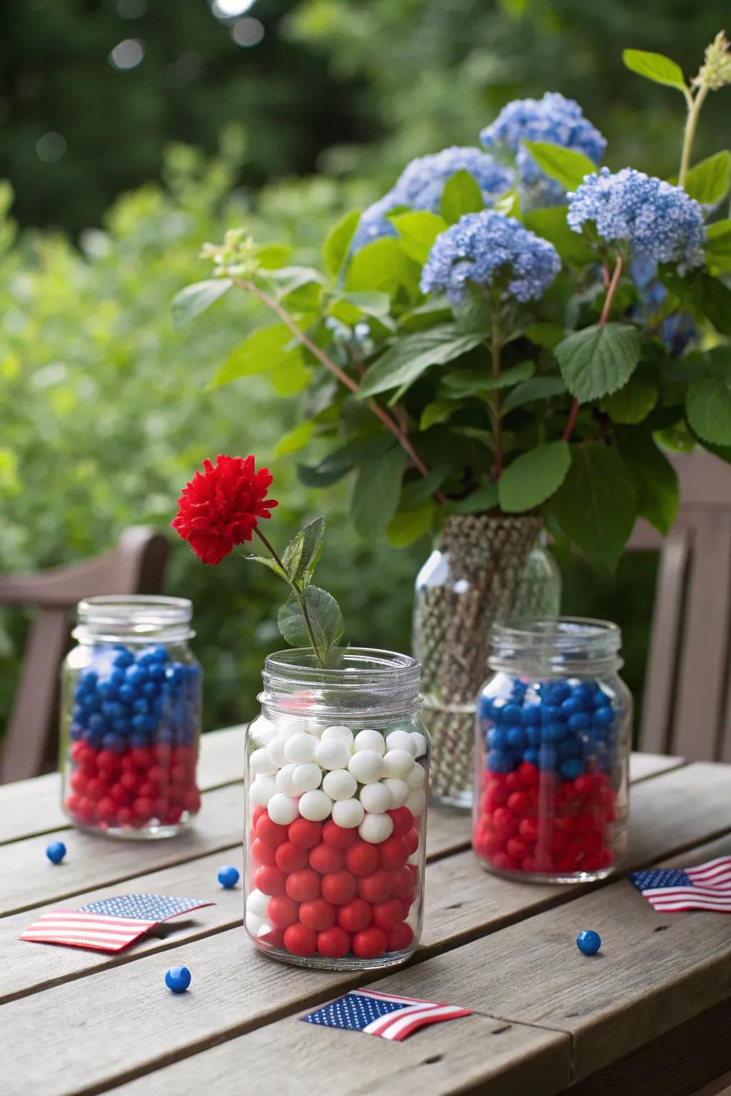 Patriotic canning jar centerpieces are ideal for seasonal celebrations.