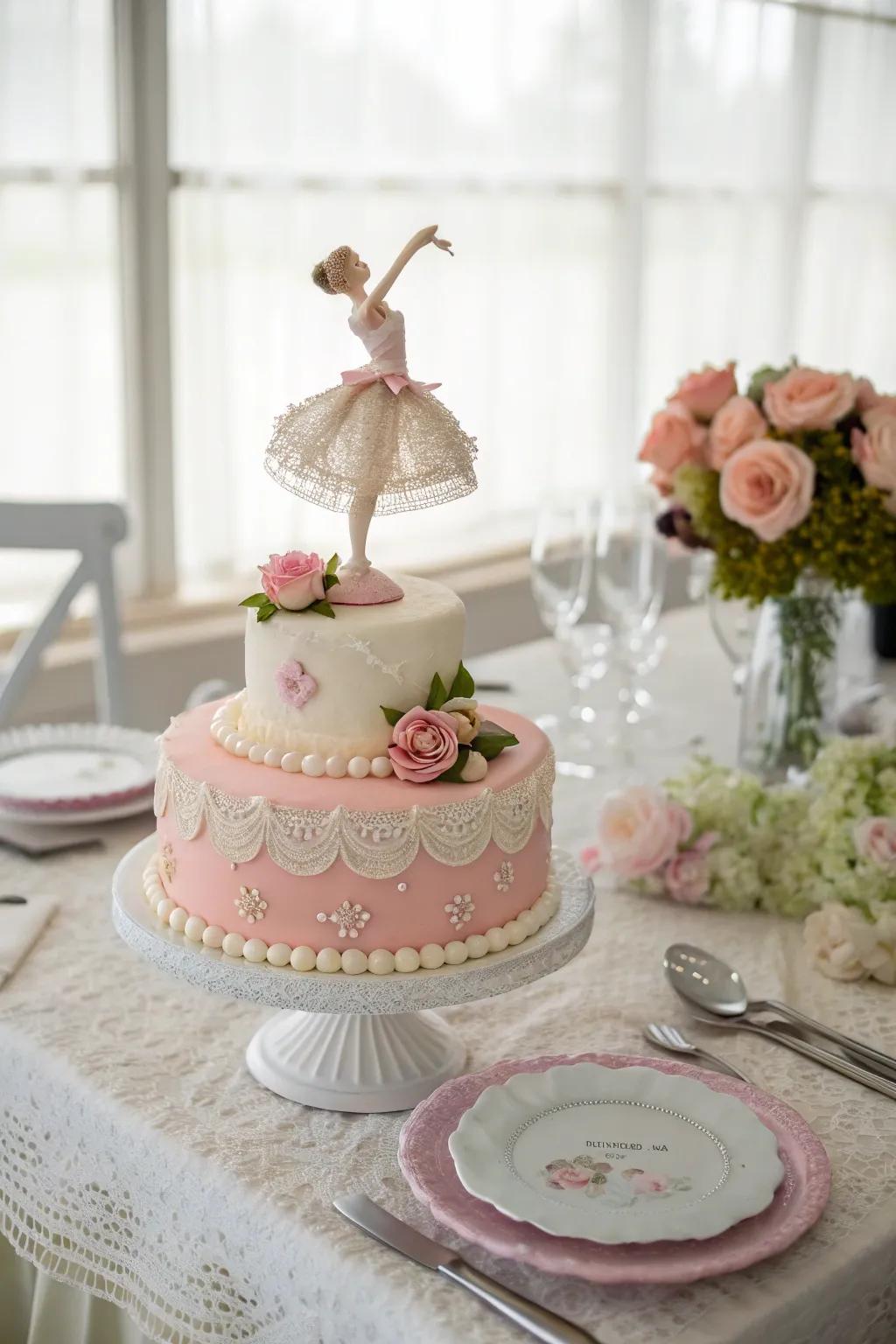 A cake decorated with a beautiful ballerina statue, ideal for ballet enthusiasts.