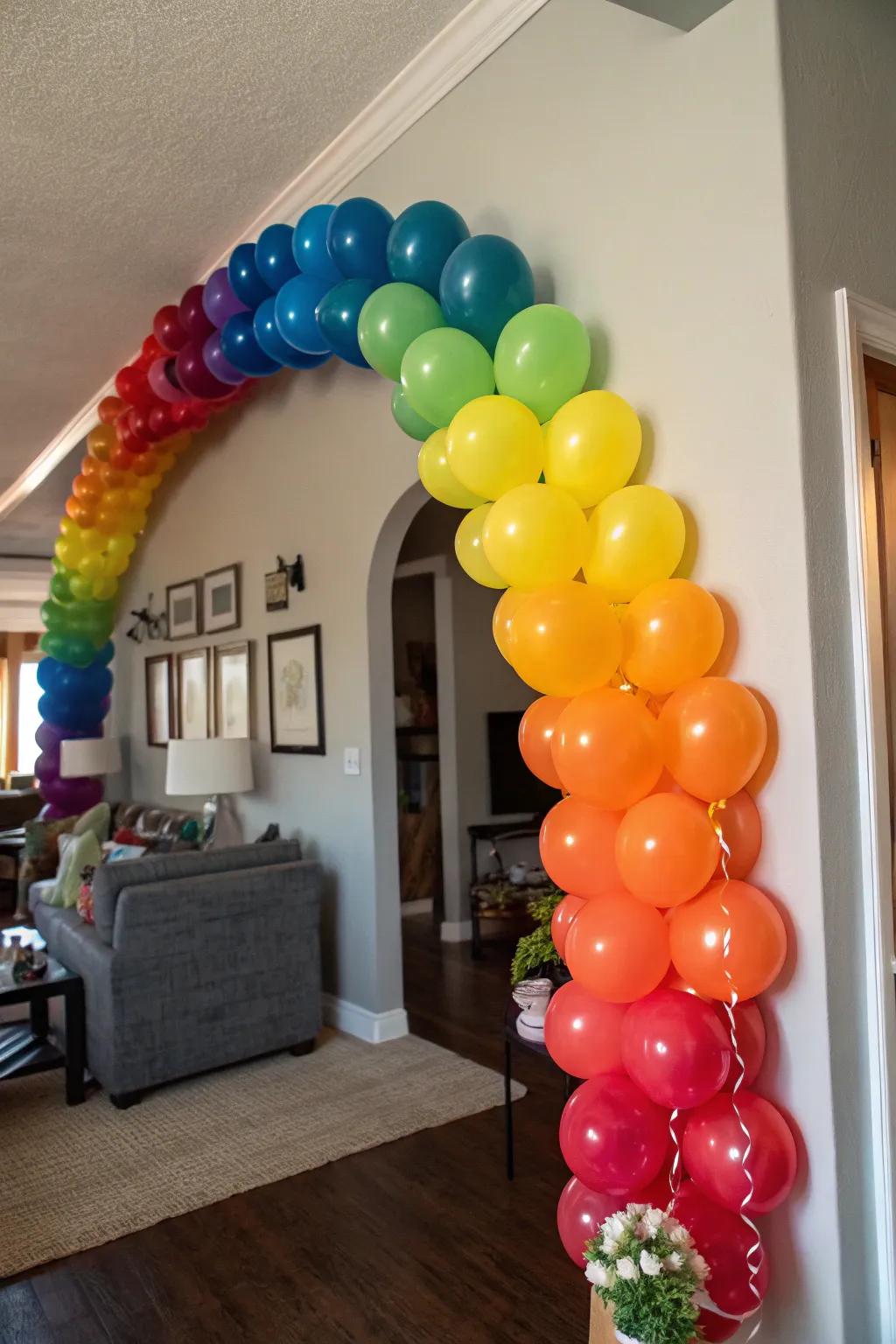 A rainbow balloon garland enhancing a festive living area.