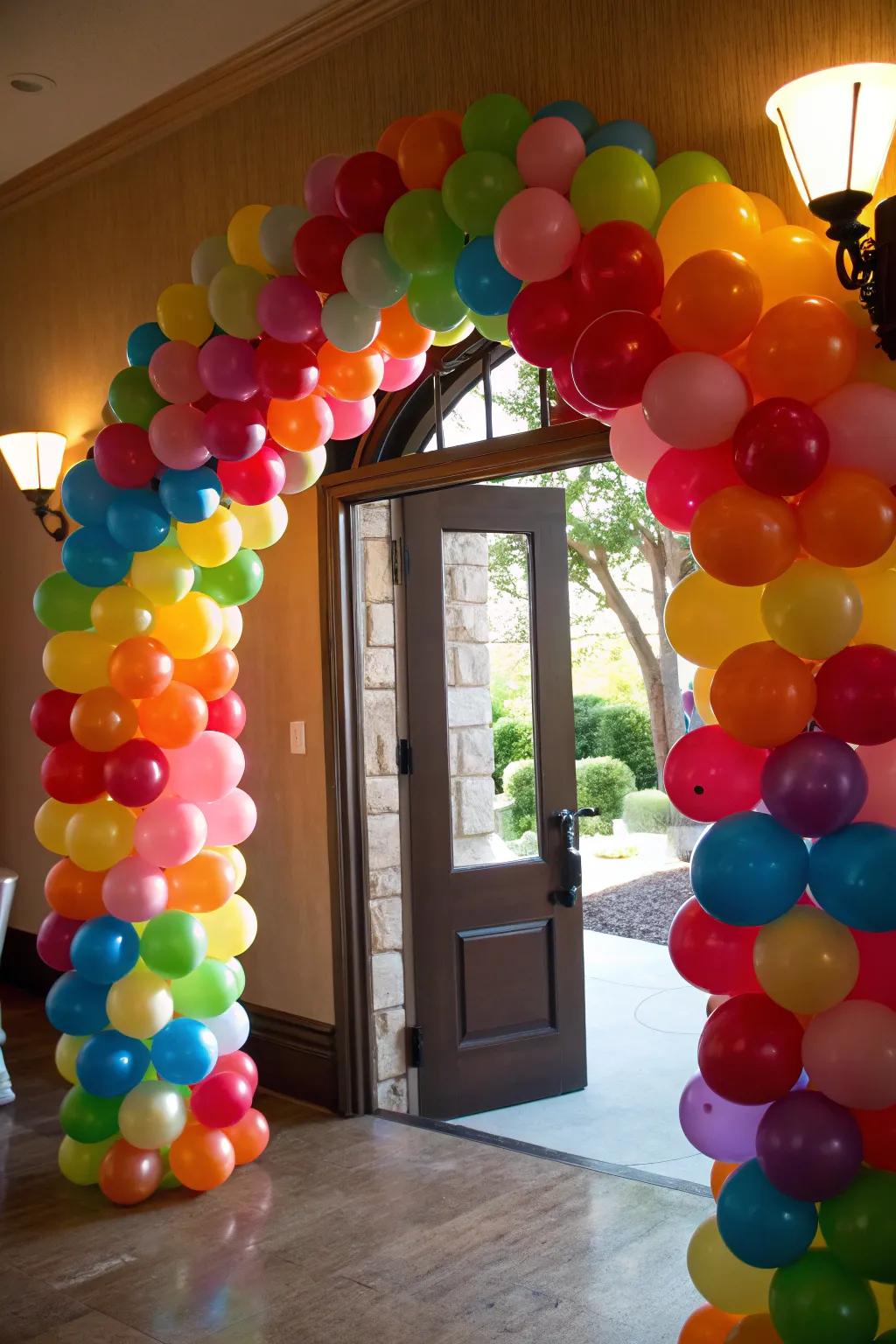 A colorful balloon arch offers an inviting welcome.