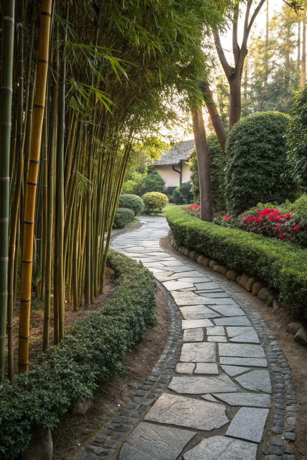 A serene pathway framed by bamboo, ideal for peaceful walks.