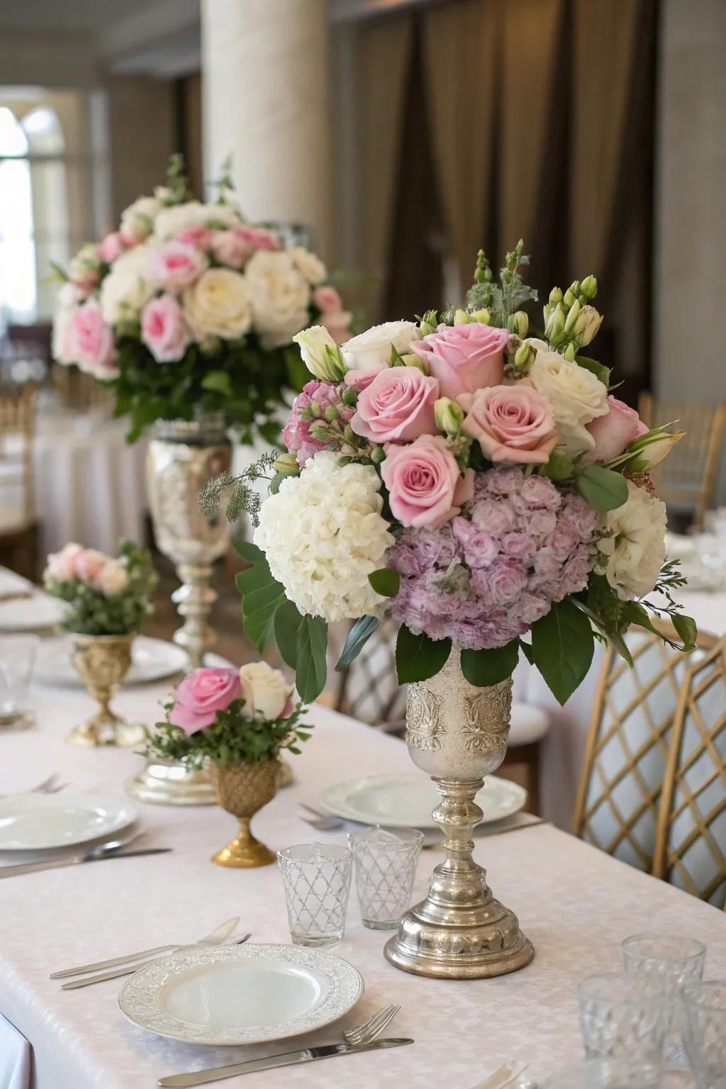 A traditional floral arrangement featuring roses and hydrangeas.