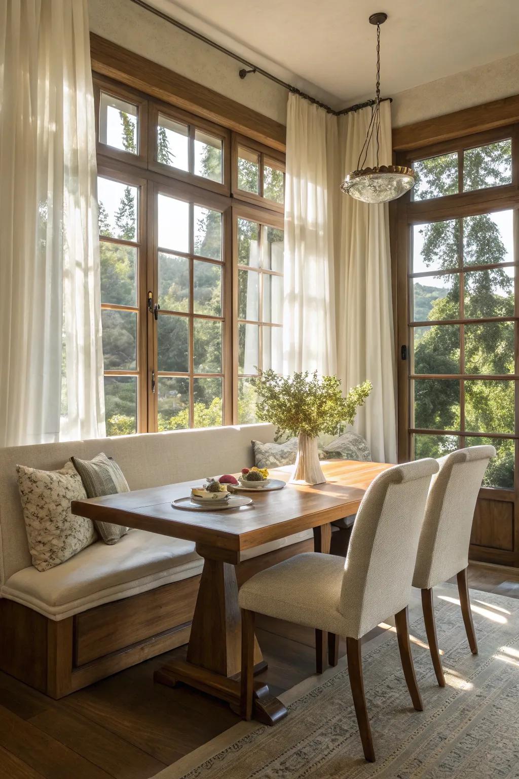 A bright dining space featuring banquette seating snuggled by a large window.