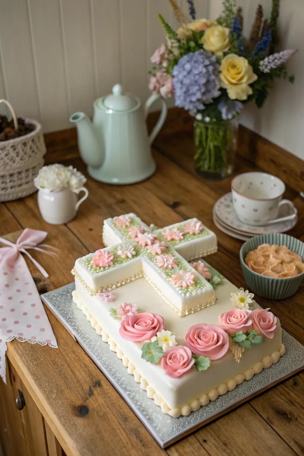 A classic cross cake decorated with pastel florals.