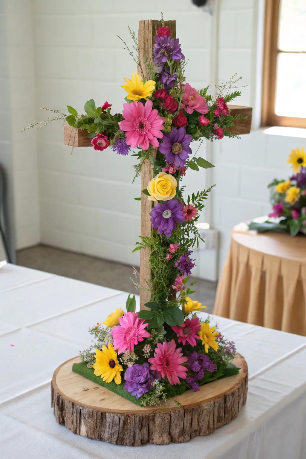A floral cross arrangement becomes a captivating central point.