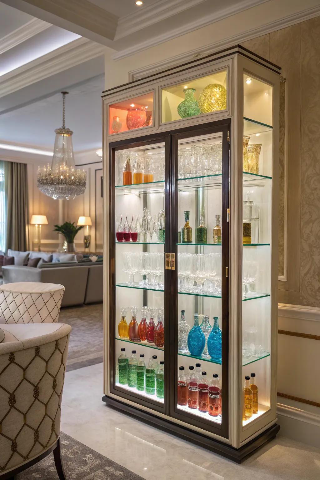 An exquisite array of glassware showcased in a sophisticated bar cabinet.