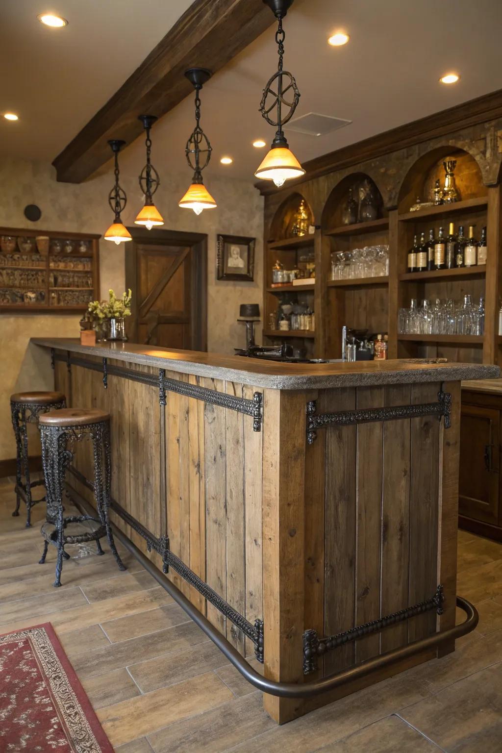 A rustic foot rail combines wood and iron for a welcoming bar atmosphere.