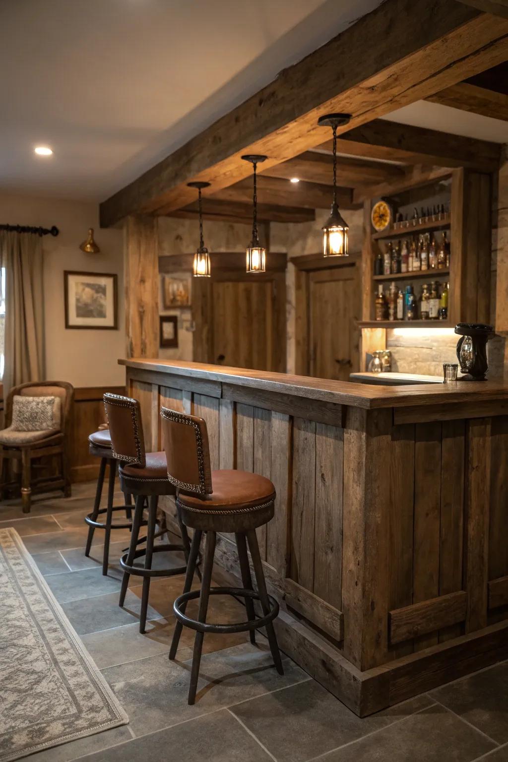 Warm and inviting rustic wood bar with vintage details.