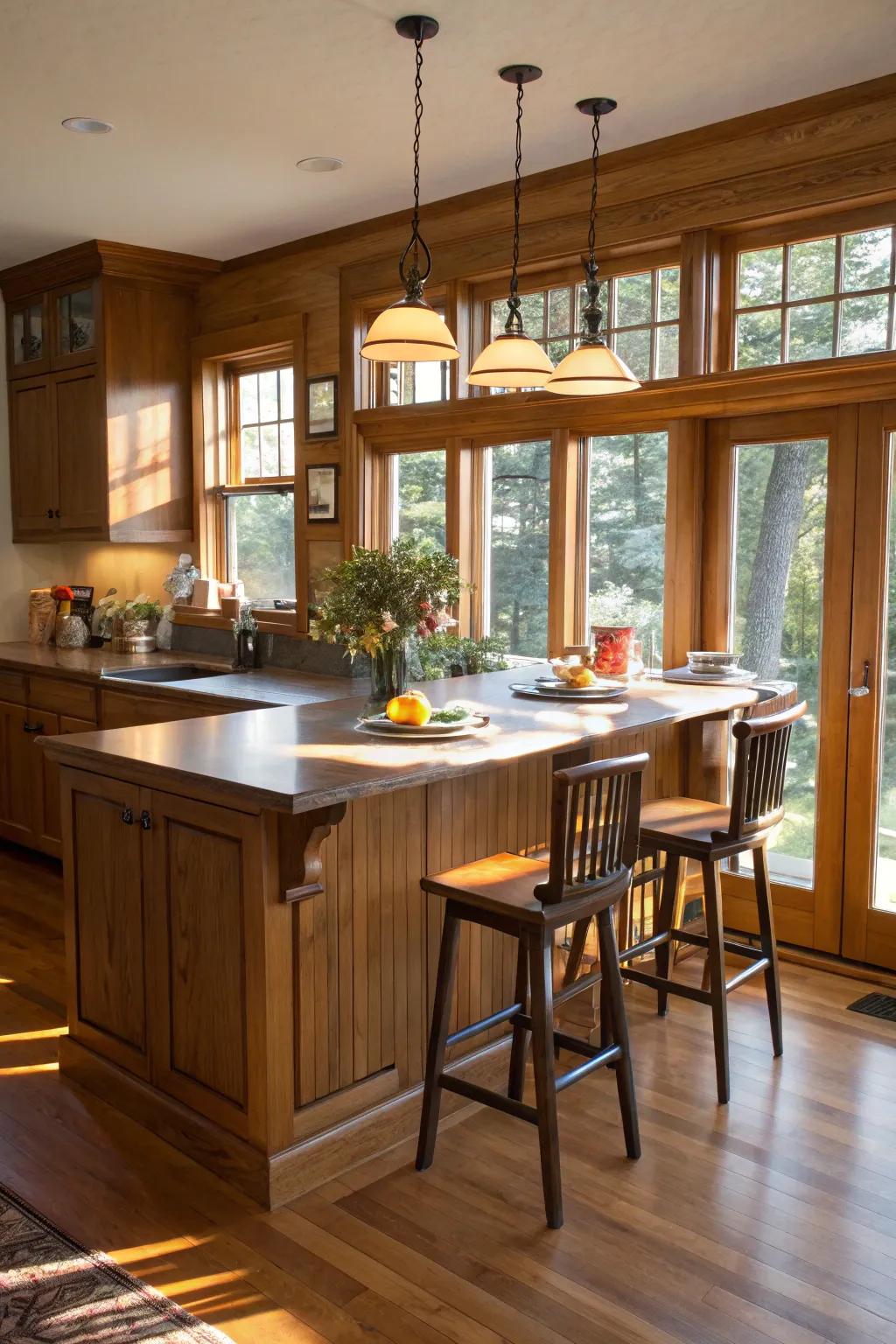 A kitchen island designed as a welcoming breakfast nook.