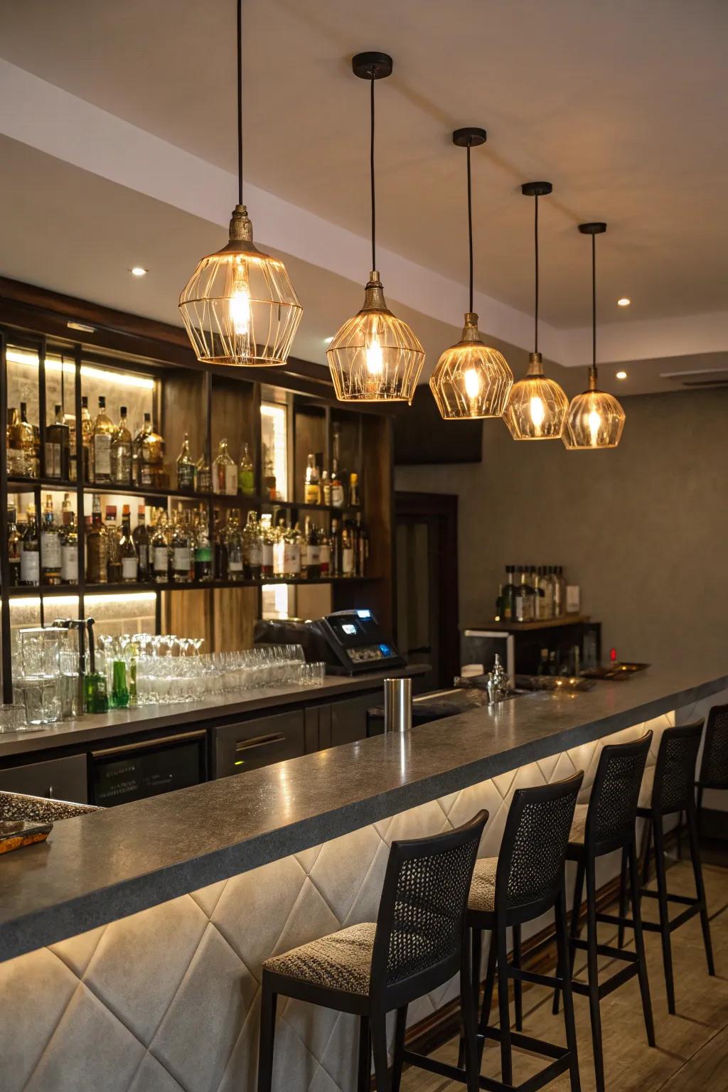 Pendant lights suspended over the bar contribute both comfort and elegance.