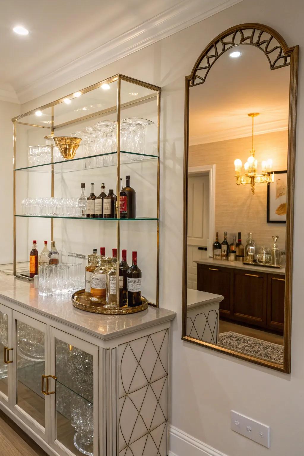 Glass racks on a mirrored surface create a polished and sophisticated home bar atmosphere.