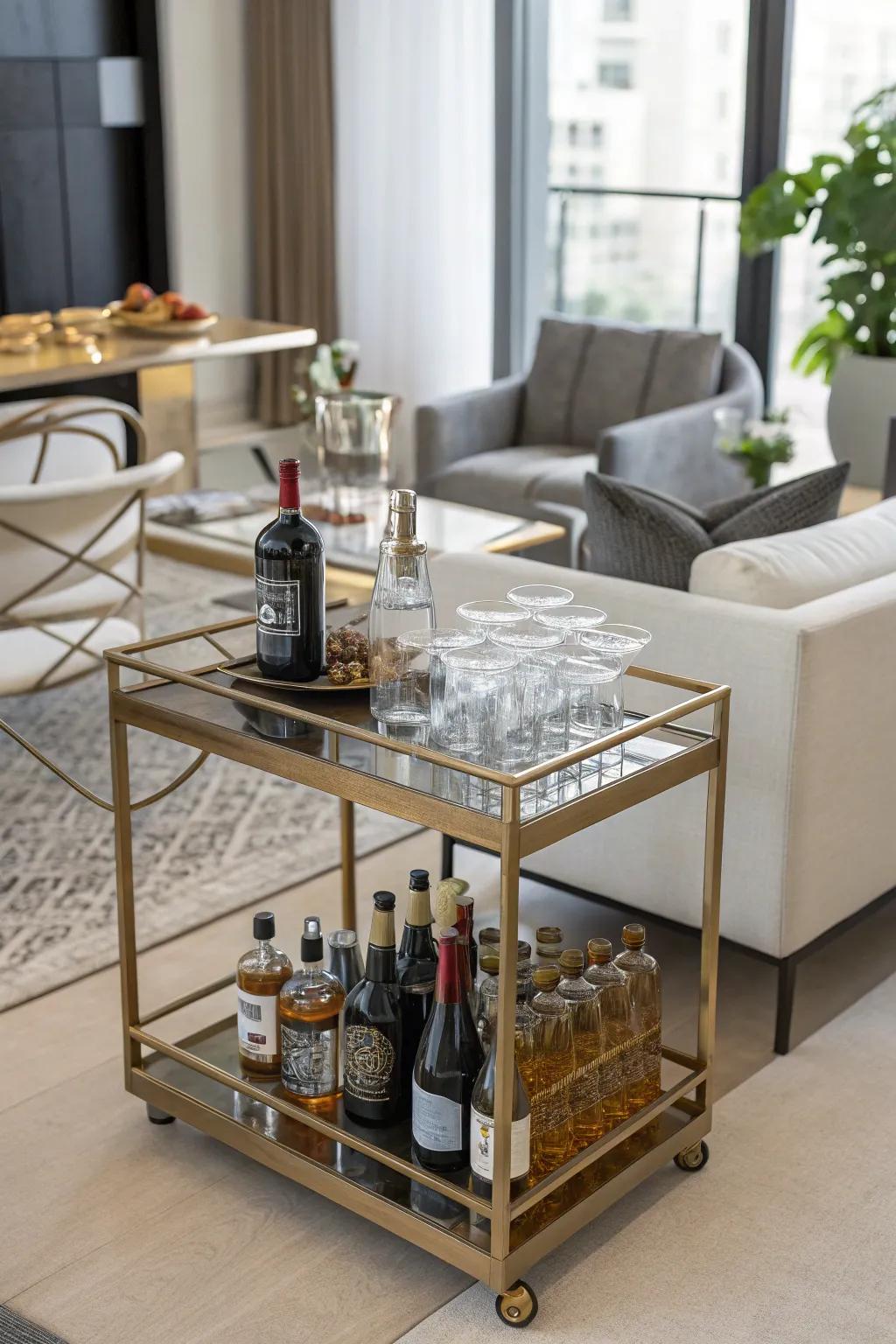 A mobile bar cart brings a dash of elegance to any gathering.