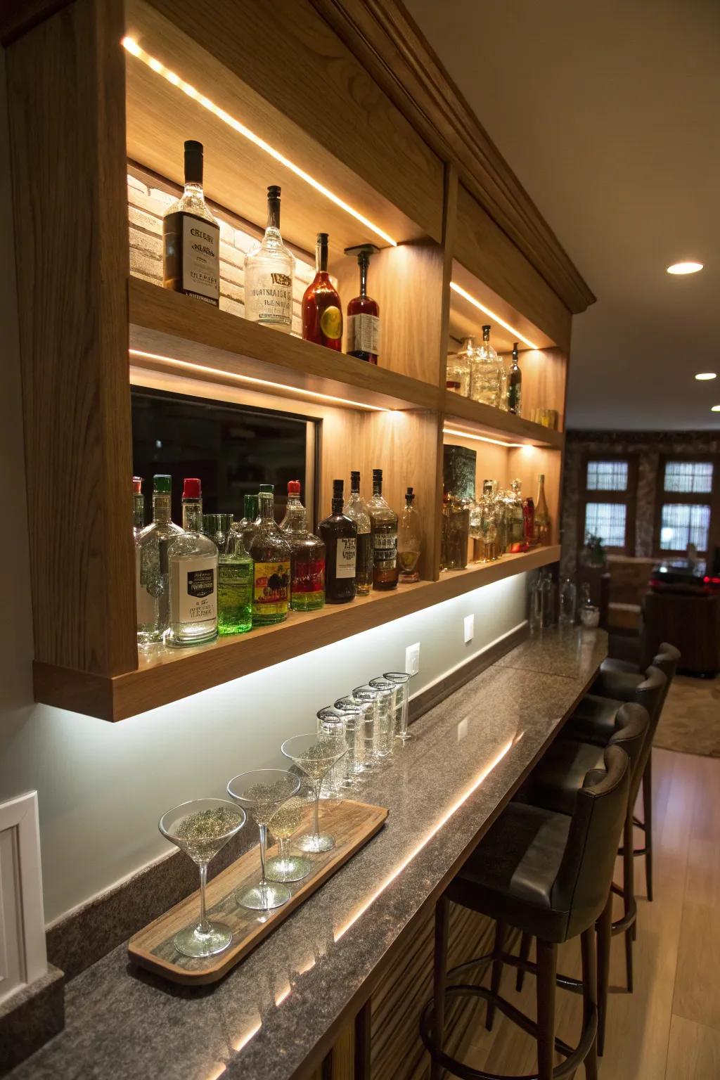 Wall-mounted shelves featuring LED lighting for an up-to-date home bar.