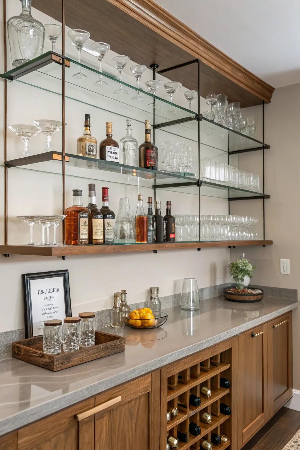 Open shelves provide a minimalist yet graceful way to exhibit your spirits and glassware.