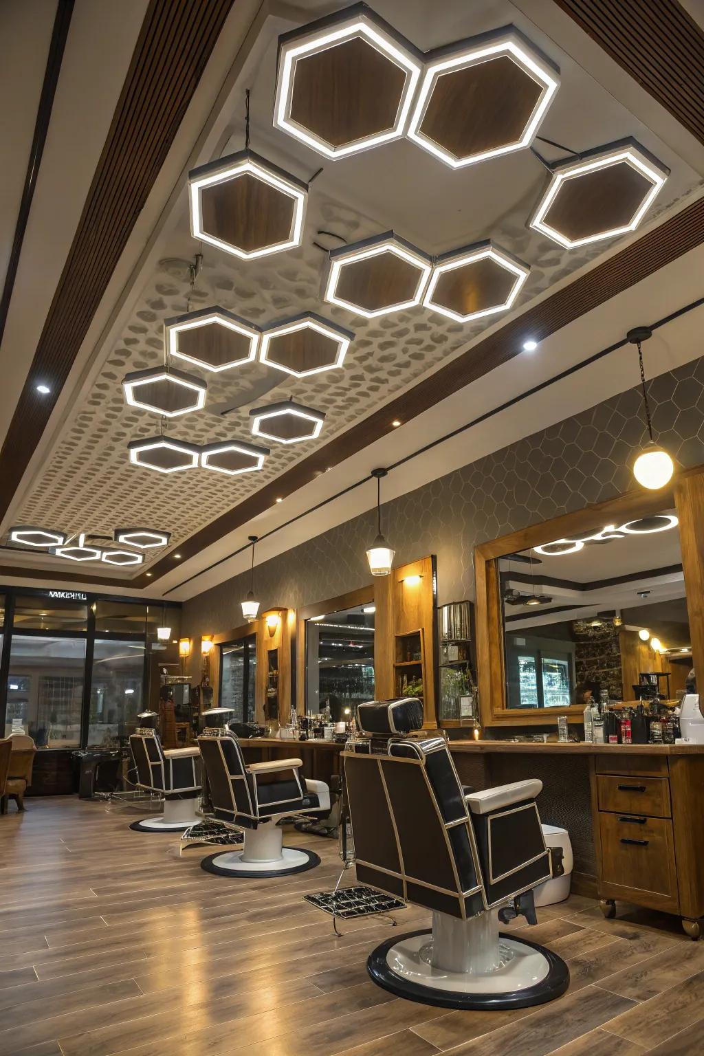 Up-to-date barbershop with bold geometric overhead lights.