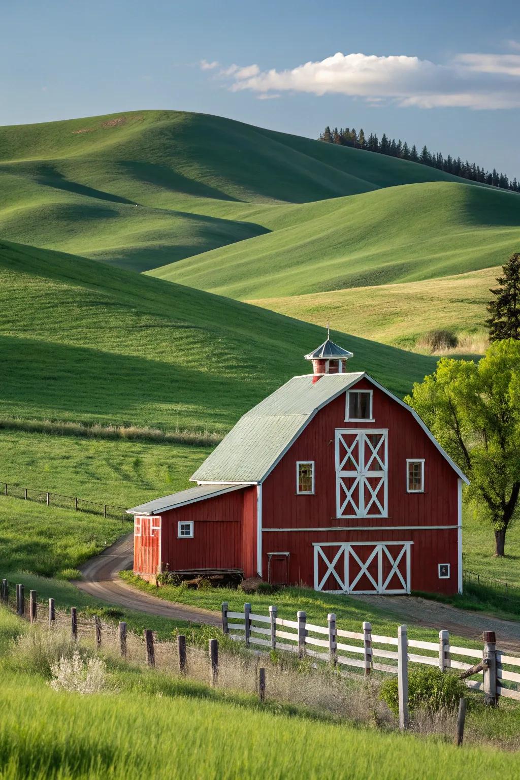 A classic red barn with white trim, fitting seamlessly into its scenic backdrop.
