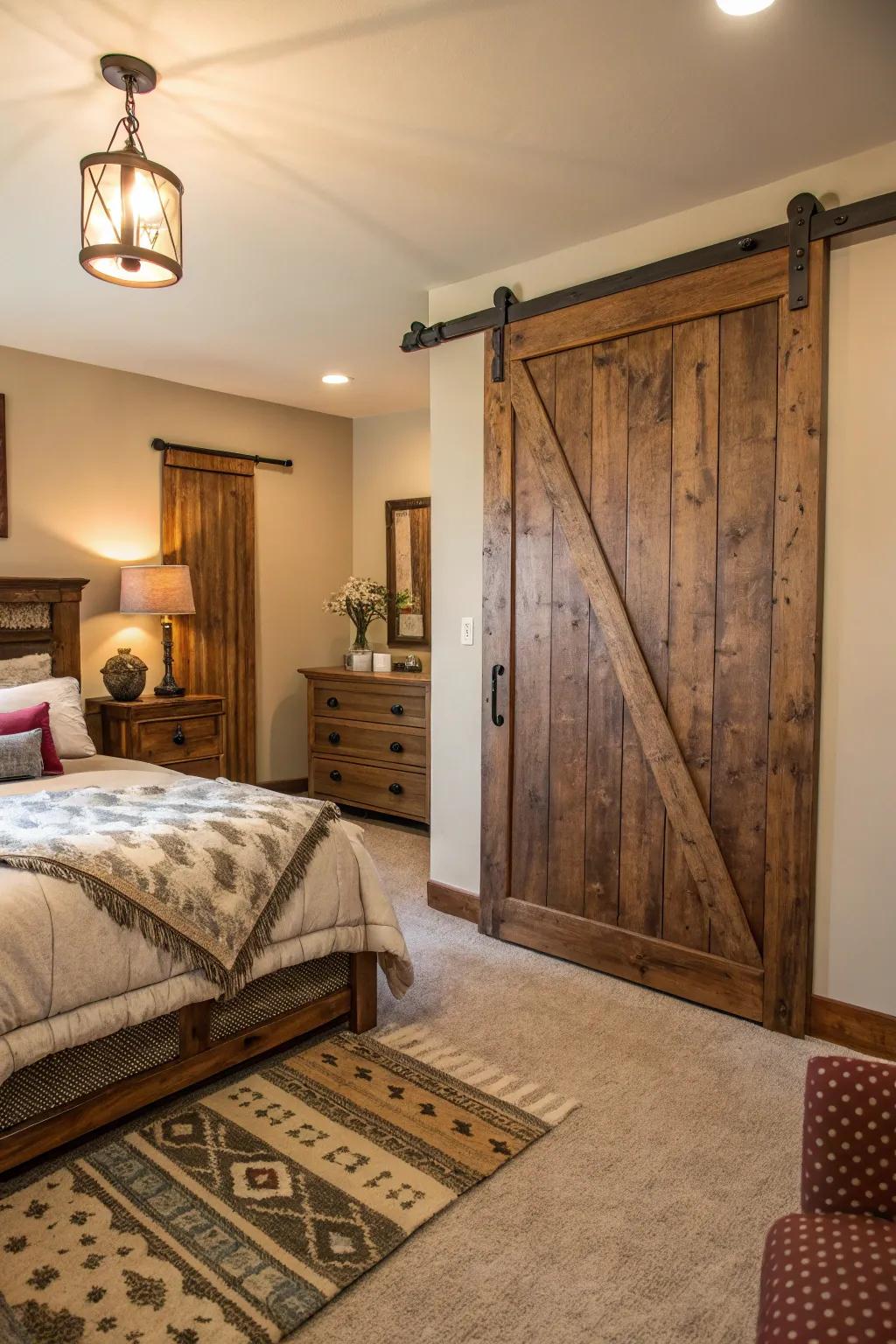 A charming bedroom showcases a weathered wood barn door, adding a sense of warmth and uniqueness.