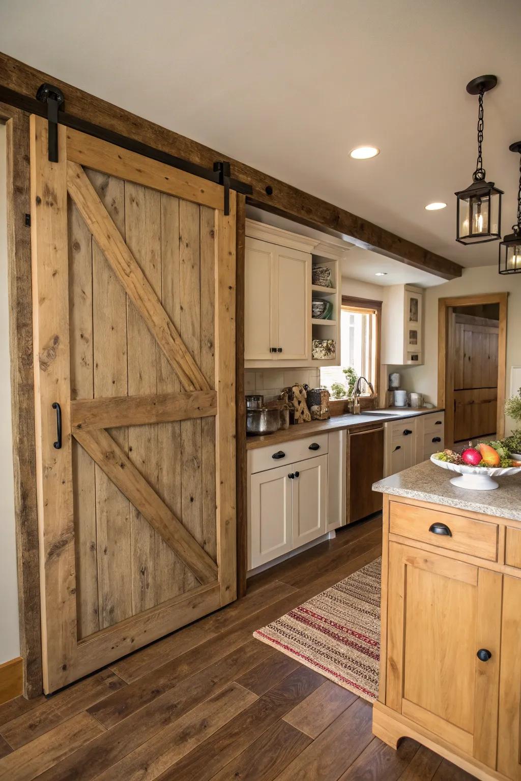 A rustic kitchen featuring a natural wood sliding barn door pantry.