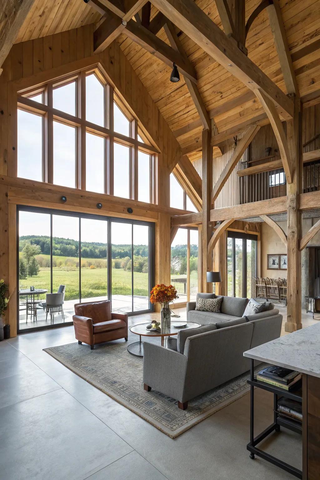 An open-concept interior featuring country-style beams and contemporary design.