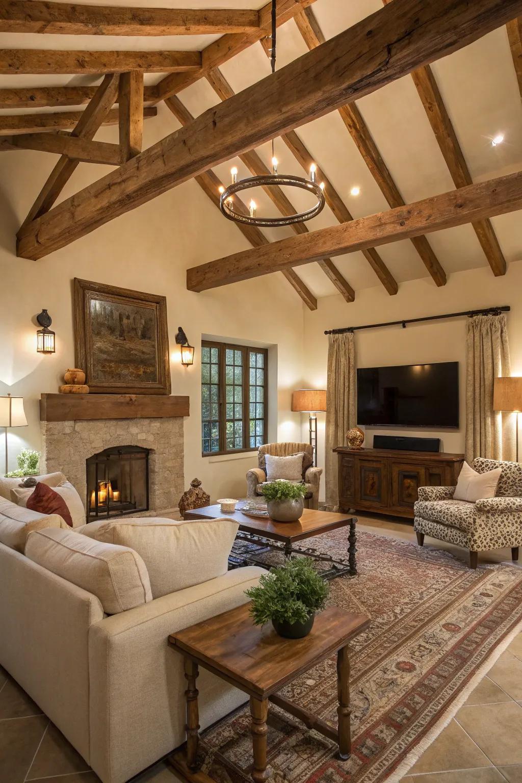 Exposed timber frameworks add coziness and distinctiveness to the space