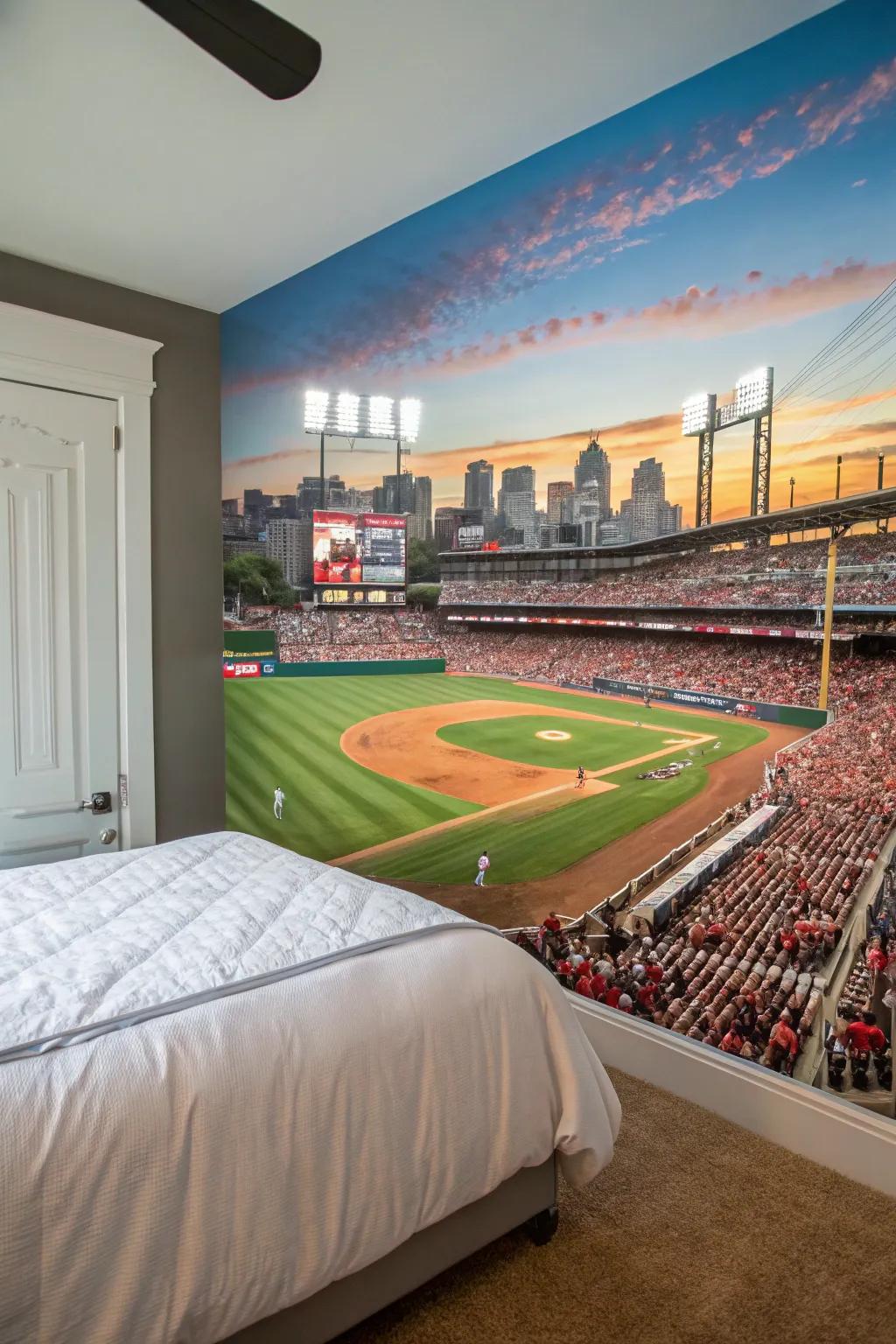 A ballpark mural becomes a fascinating focal point in any room.